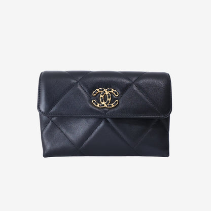 Chanel 19 Flap Clutch in Black Lambskin Leather with Gold Hardware