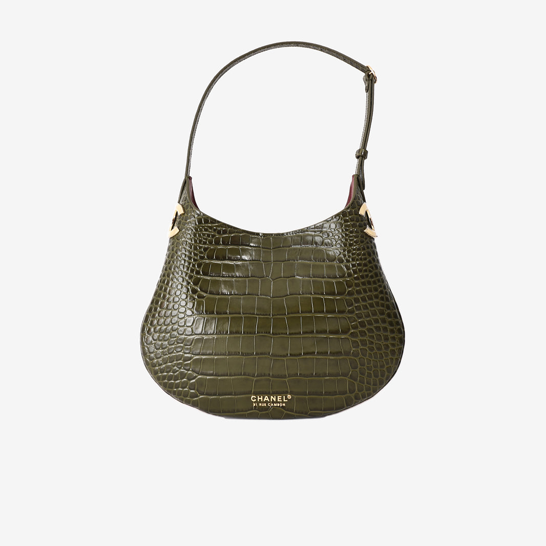 Chanel 26K Hobo Handbag in Khaki Crocodile-Embossed Calfskin Leather with Gold Hardware