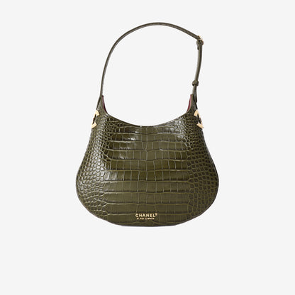 Chanel 26K Hobo Handbag in Khaki Crocodile-Embossed Calfskin Leather with Gold Hardware