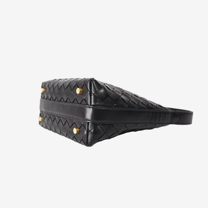 Bottega Veneta Wallace Mini Intrecciato Shoulder Bag in Black Leather with Gold Hardware