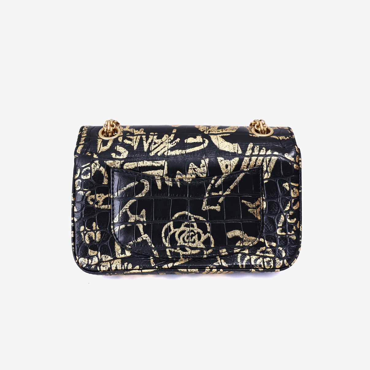Chanel 2.55 Reissue 224 Graffiti Bag in Black Croc-Embossed Calfskin Leather with Gold Hardware back view