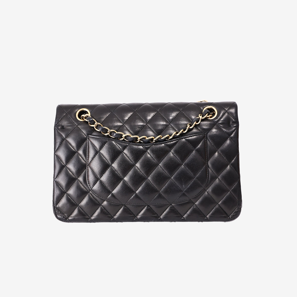 Chanel Classic Double Flap Bag in Black Lambskin Leather with Gold Hardware back view
