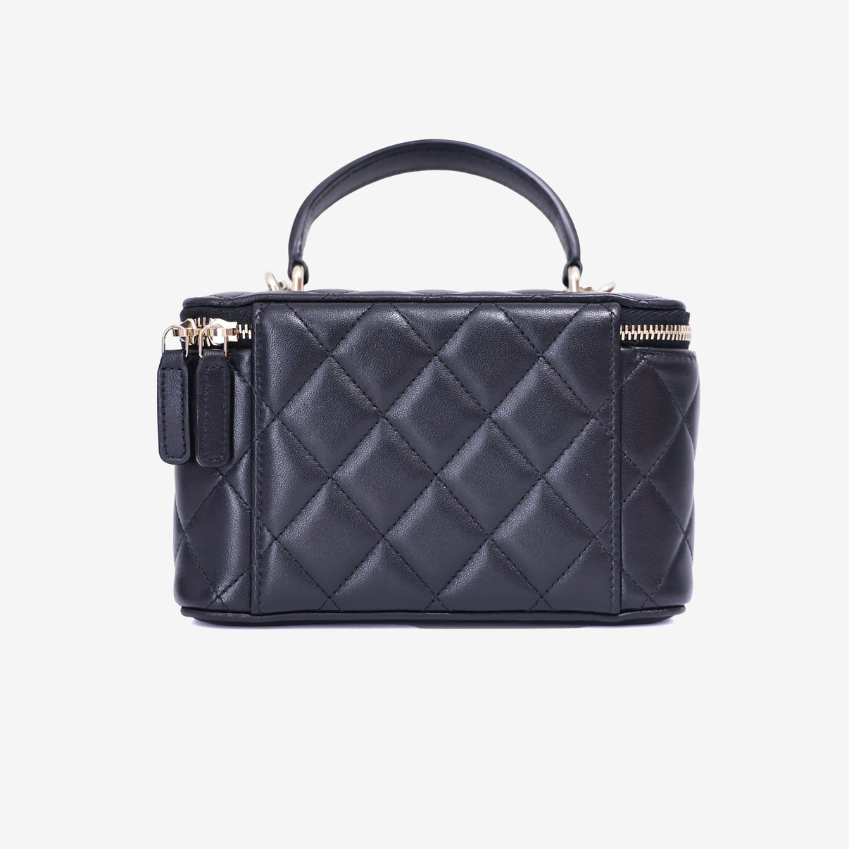 Chanel Vanity Case with Top Handle in Black Lambskin Leather with Gold Hardware back view
