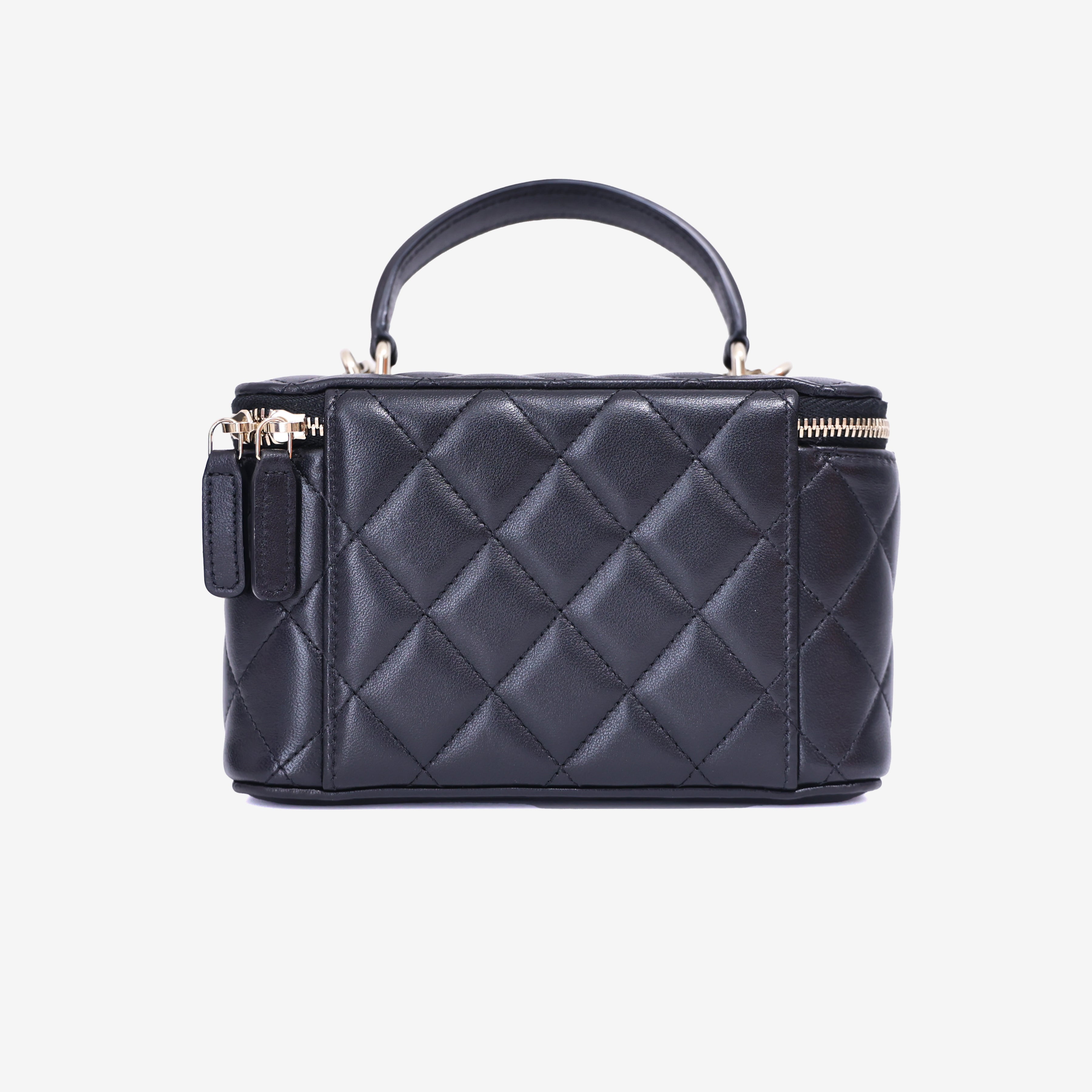 Chanel Vanity Case with Top Handle in Black Lambskin Leather with Gold Hardware back view