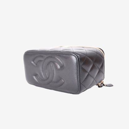 Chanel Small Vanity Case with Chain in Black Caviar Leather with Gold Hardware bottom side view