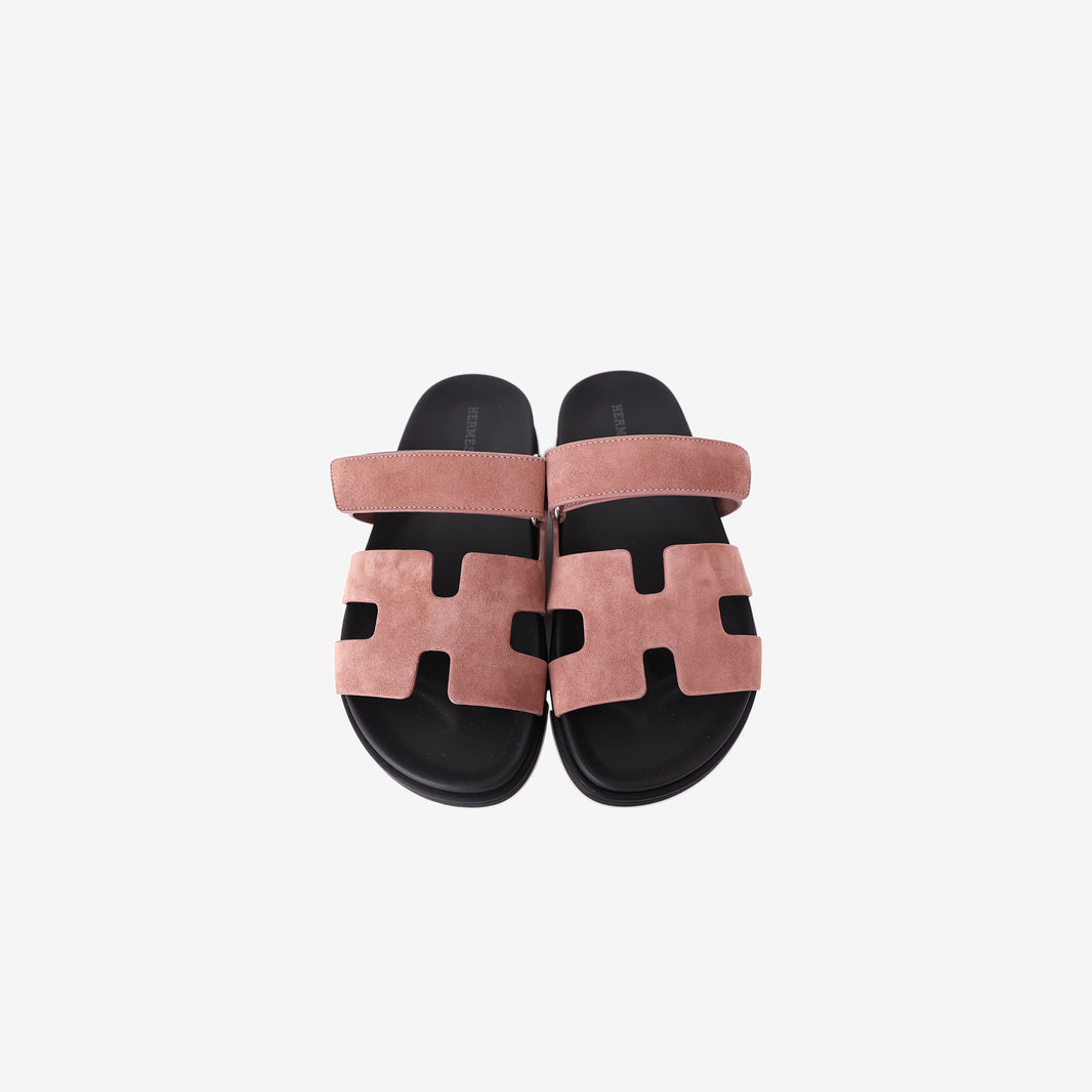 Hermès Chypre Sandals in Rose Antique Suede (Size 37.5)