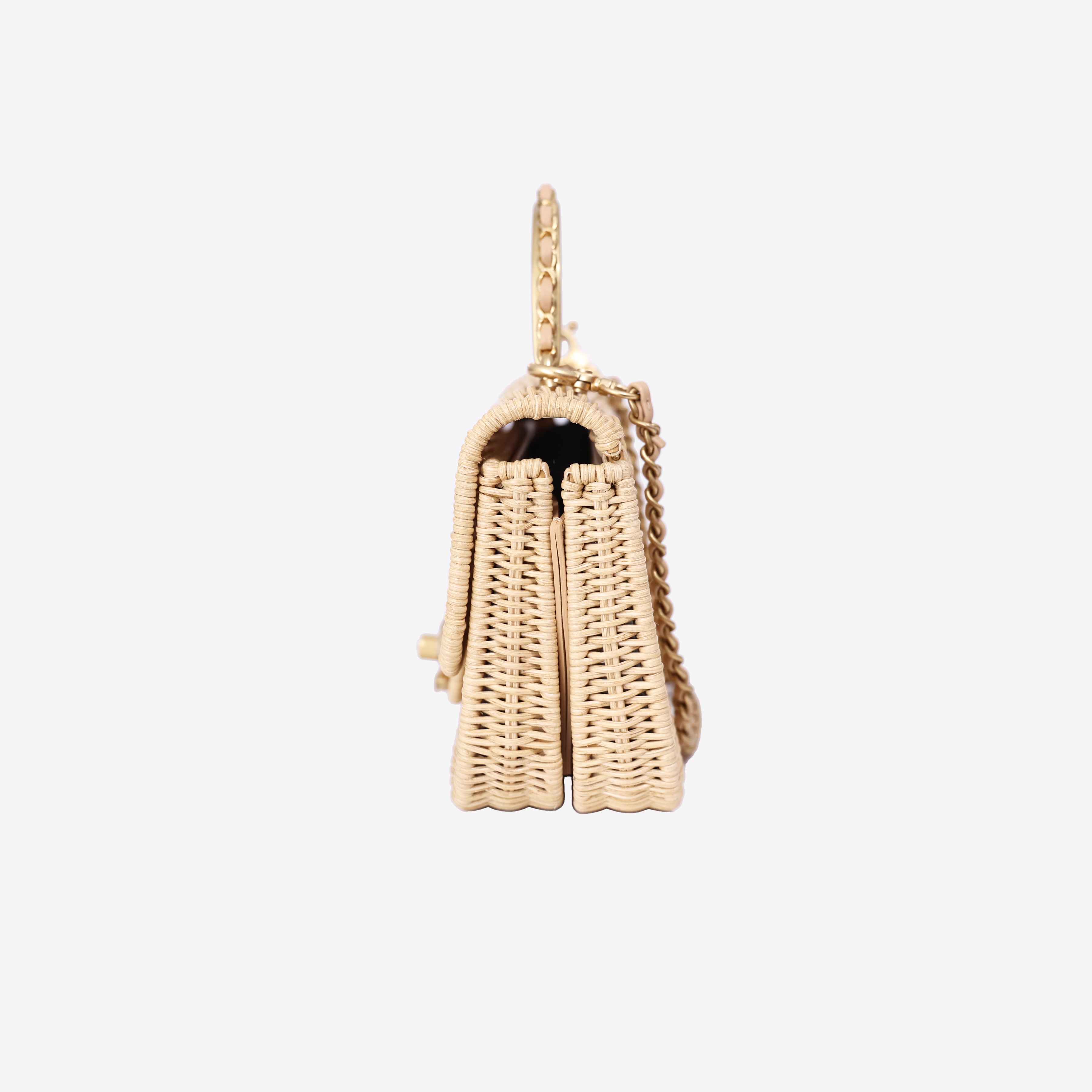 Chanel Mini Flap Bag with Top Handle in Beige Braided Rattan with Gold Hardware side view