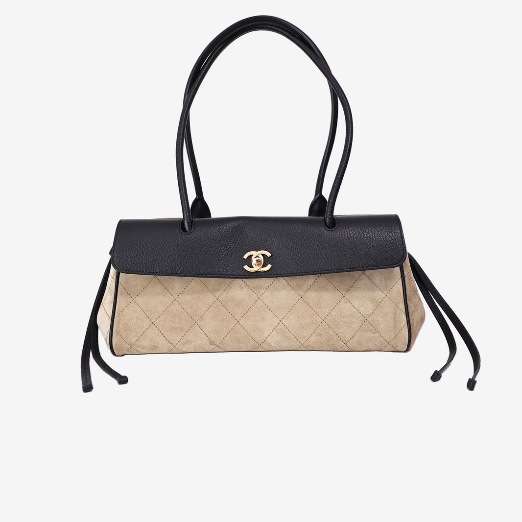 Chanel 26A Small Shopping Bag in Beige Black Suede Calfskin with Gold Hardware