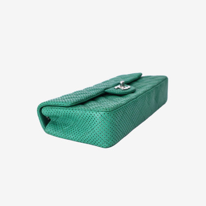 Chanel East/West Classic Flap Bag in Green Perforated Quilted Lambskin Leather with Silver Hardware