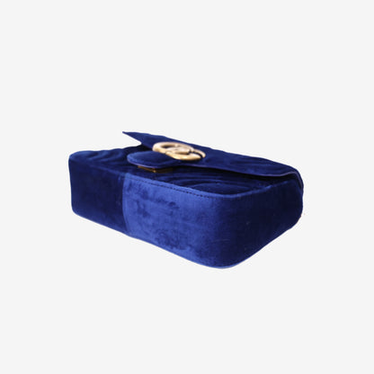 Gucci Chevron Bag in Blue Velvet with Gold Hardware
