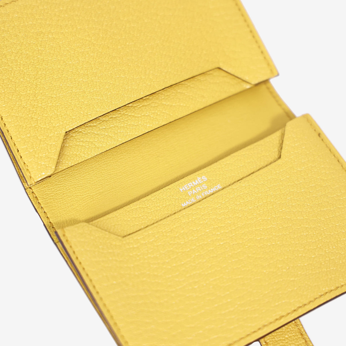 Hermès Bearn Mini Wallet in Jaune de Naples Leather with Palladium Hardware detail view