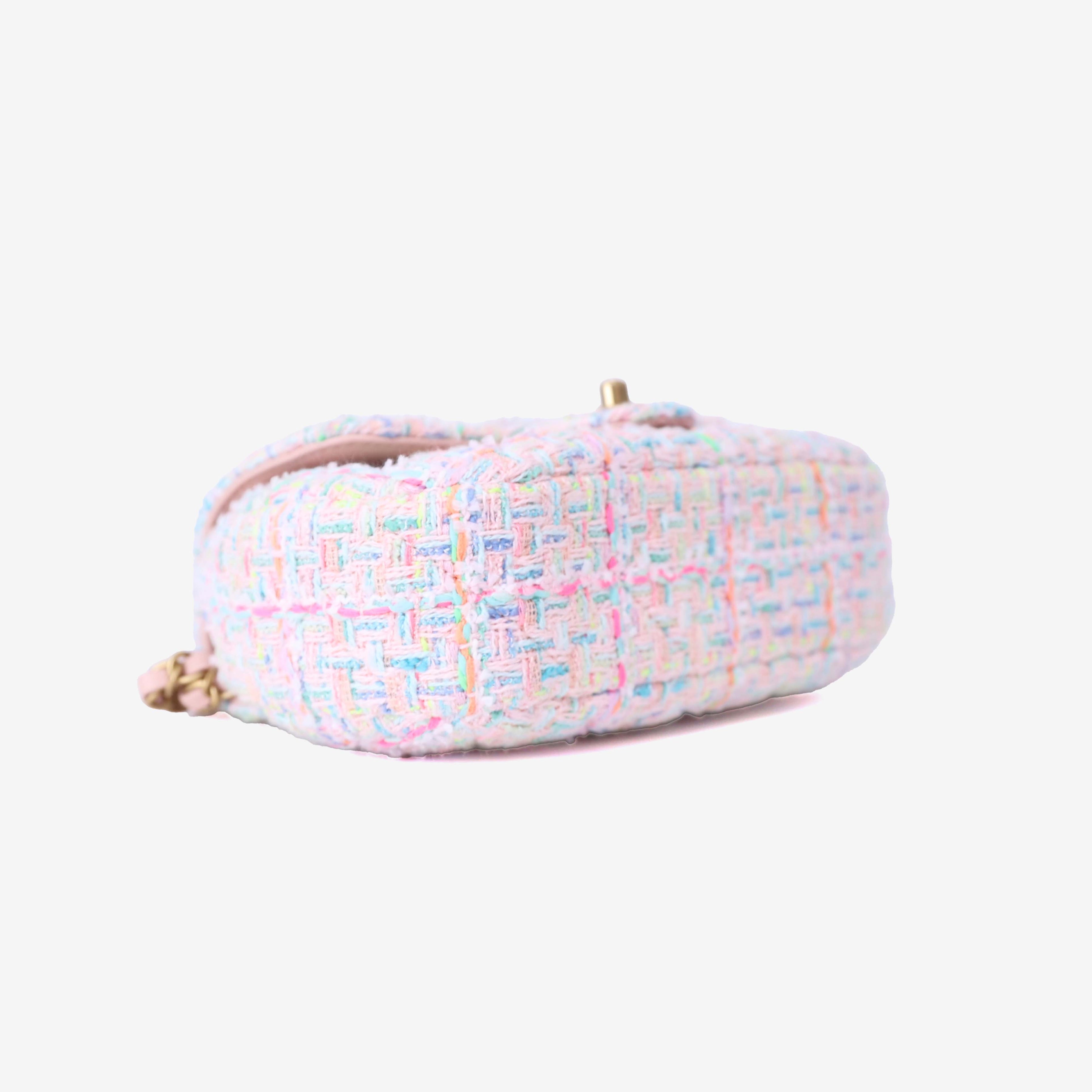 Chanel Mini Flap Bag with Top Handle in Pink Tweed Leather with Gold Hardware bottom side view