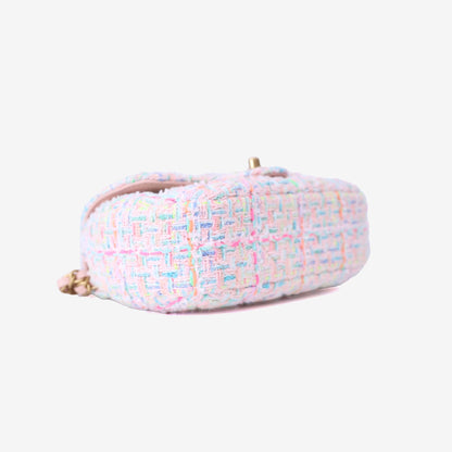 Chanel Mini Flap Bag with Top Handle in Pink Tweed Leather with Gold Hardware bottom side view