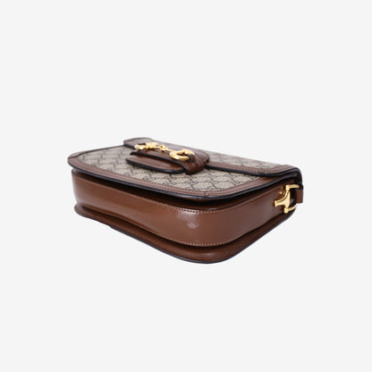 Gucci Horsebit 1955 Shoulder Bag in Beige Brown GG Canvas and Calfskin Leather with Gold Hardware