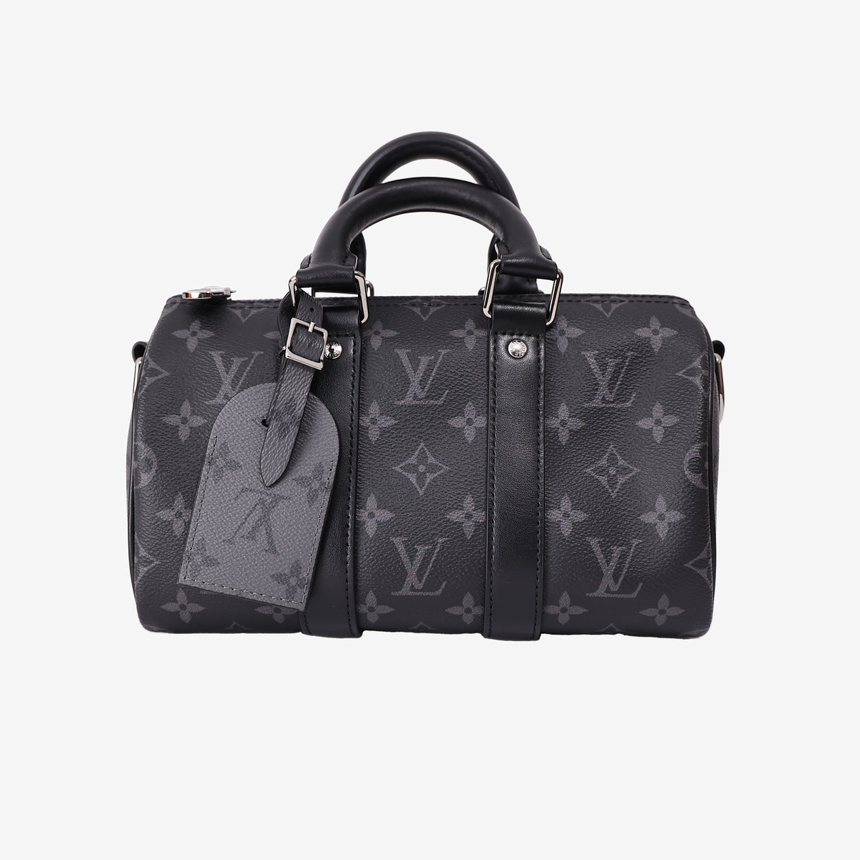 Louis Vuitton Keepall 25 in Monogram Eclipse Reverse Canvas with Black Leather Trim front view