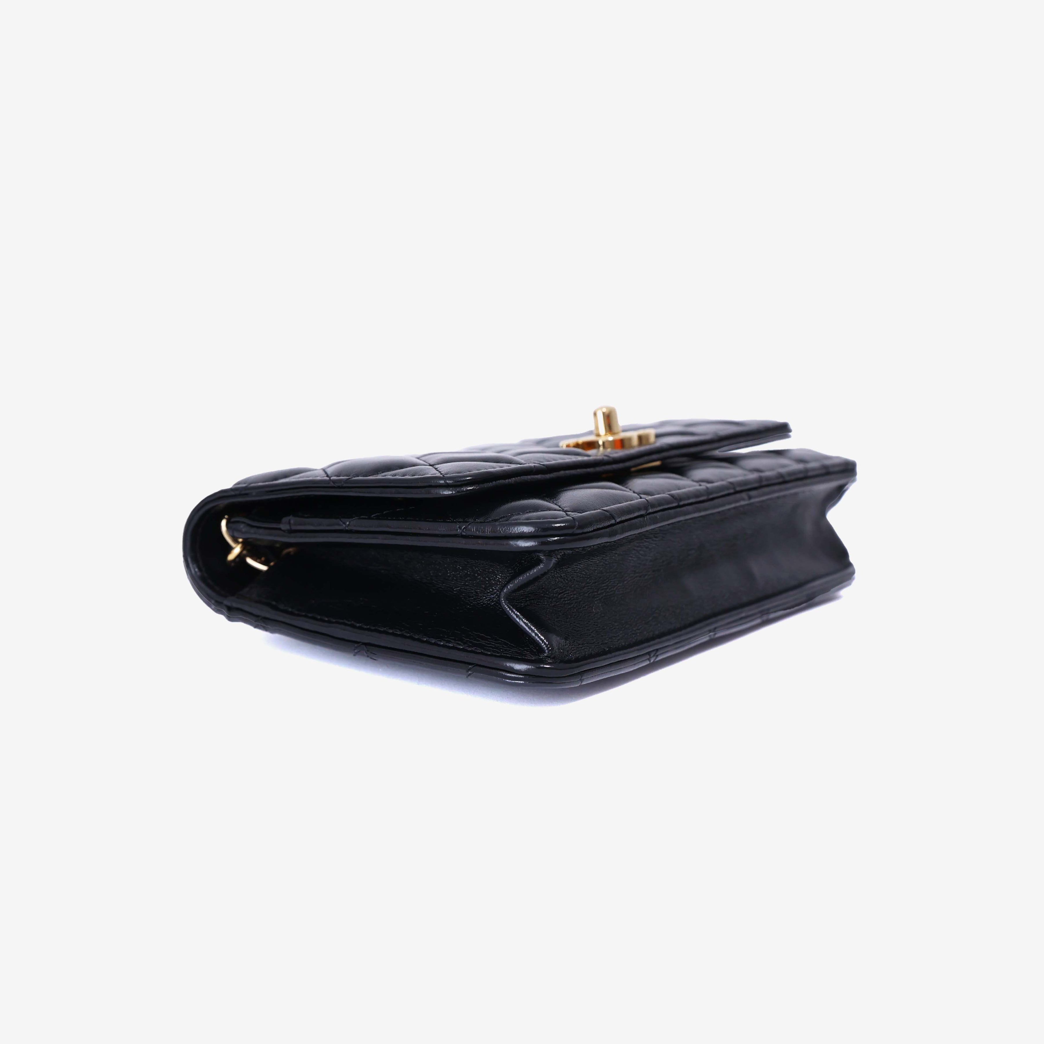Chanel Wallet on Chain in Black Lambskin Leather with Gold Hardware bottom side view
