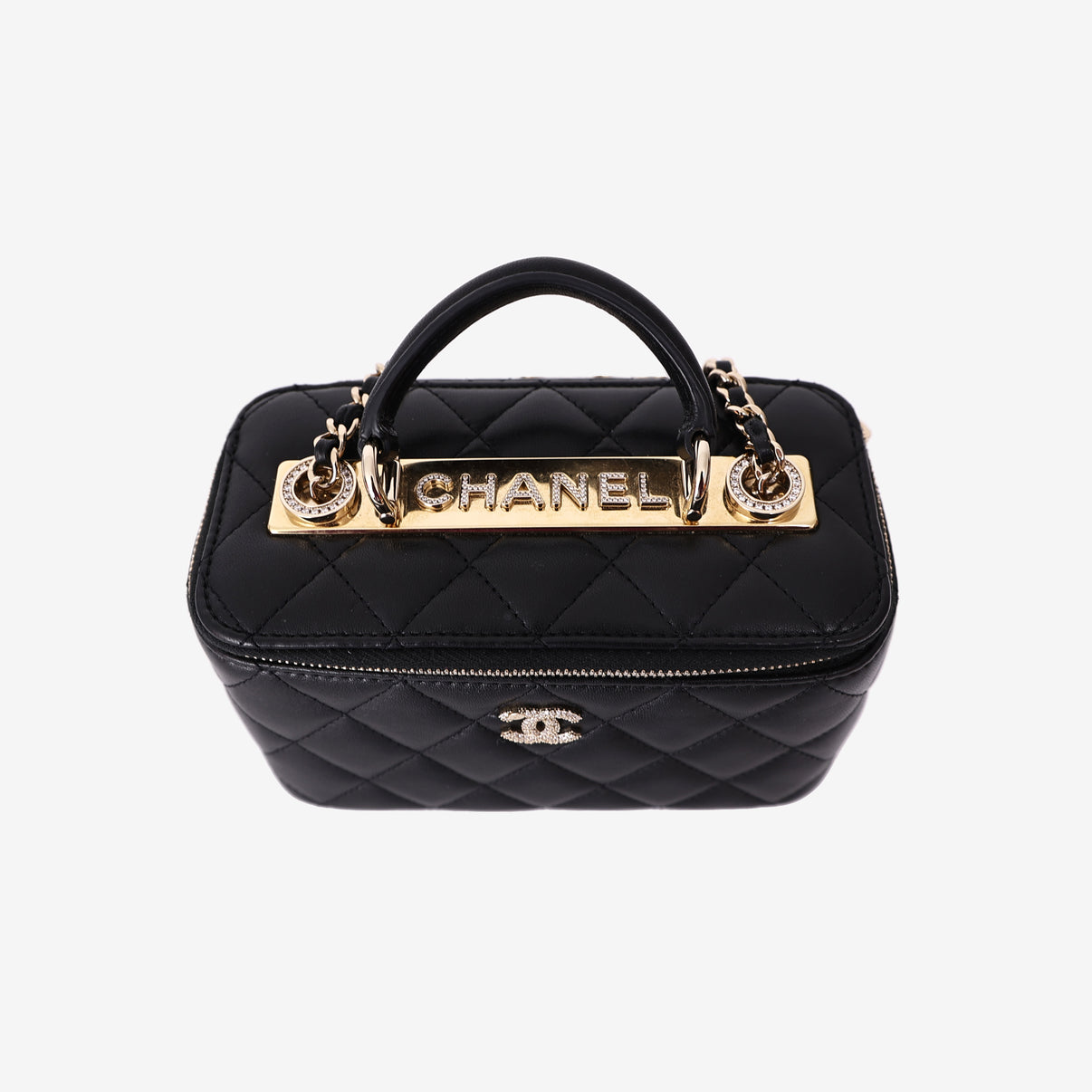 Chanel Small Vanity Case with Top Handle in Black Lambskin Leather with Gold Hardware bottom detail view