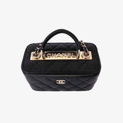 Chanel Small Vanity Case with Top Handle in Black Lambskin Leather with Gold Hardware bottom detail view