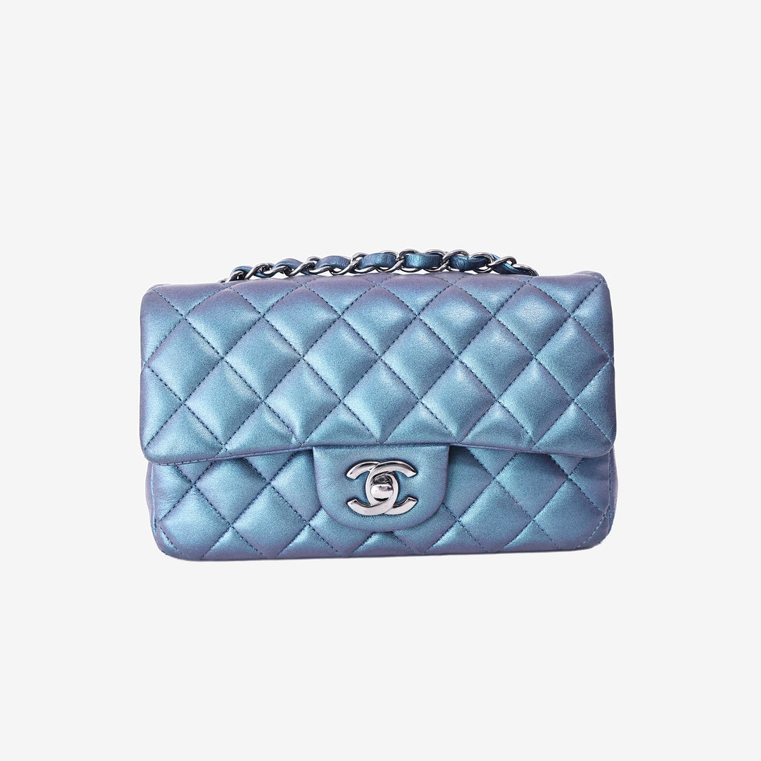 Chanel Mini Rectangular Classic Flap Bag in Iridescent Turquoise Blue Quilted Lambskin Leather with Silver Hardware