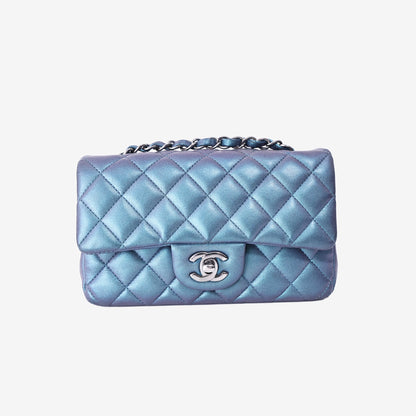 Chanel Mini Rectangular Classic Flap Bag in Iridescent Turquoise Blue Quilted Lambskin Leather with Silver Hardware