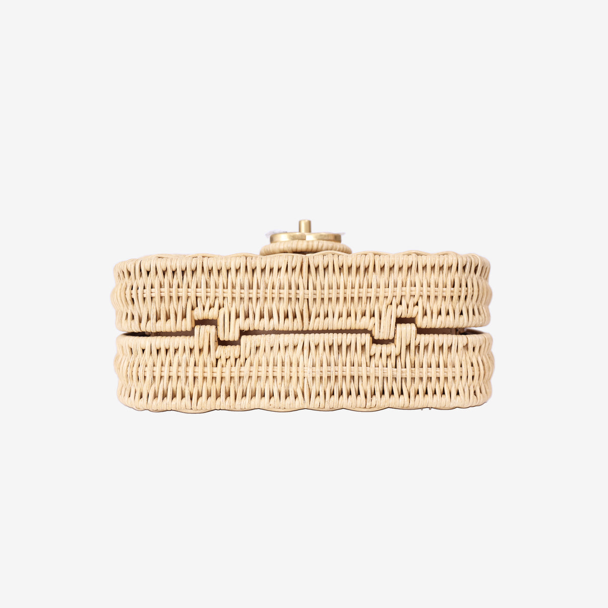 Chanel Mini Flap Bag with Top Handle in Beige Braided Rattan with Gold Hardware bottom view
