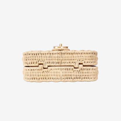 Chanel Mini Flap Bag with Top Handle in Beige Braided Rattan with Gold Hardware bottom view