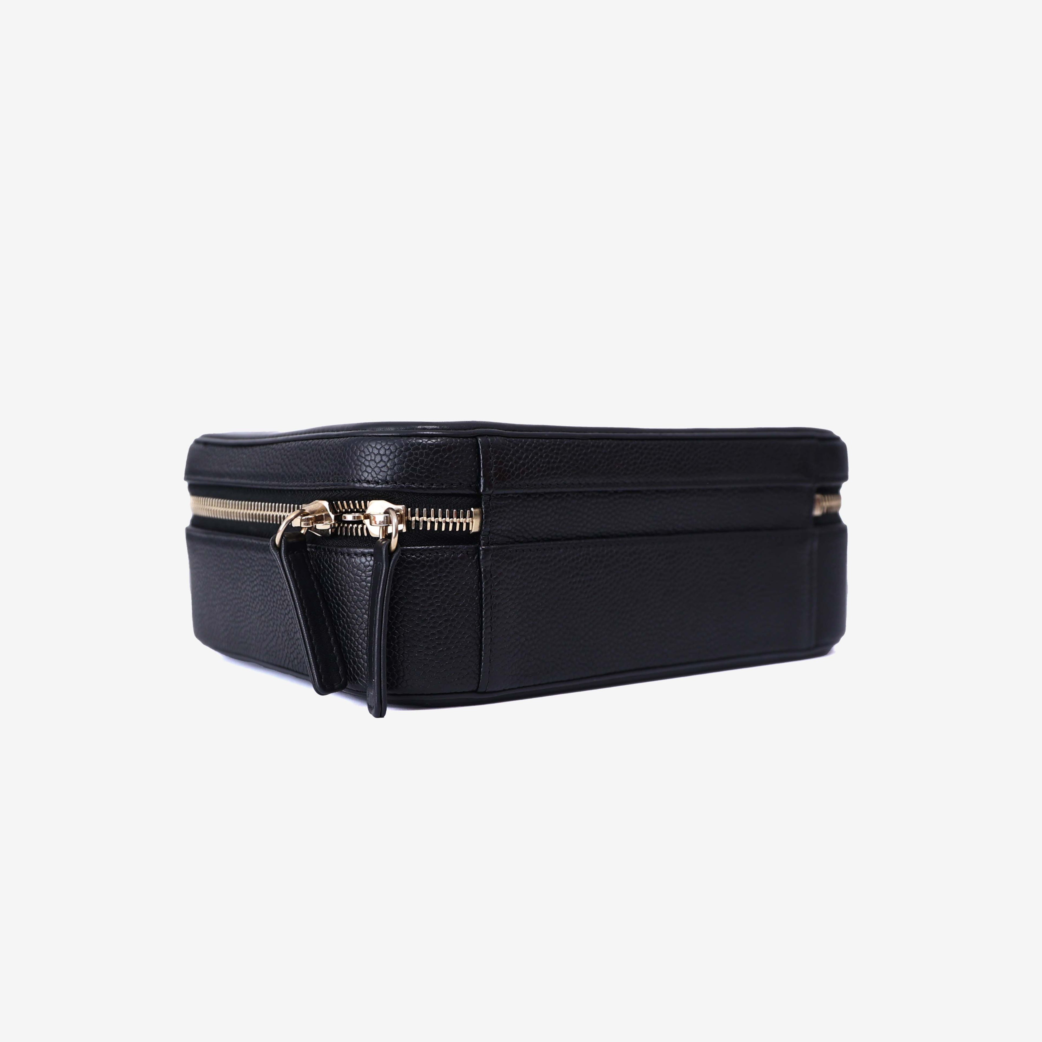Chanel Filigree Mini Vanity Case in Noir Calfskin Leather with Gold Hardware bottom side view