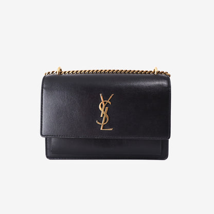 Saint Laurent Sunset Bag in Black Calfskin Leather with Gold Hardware