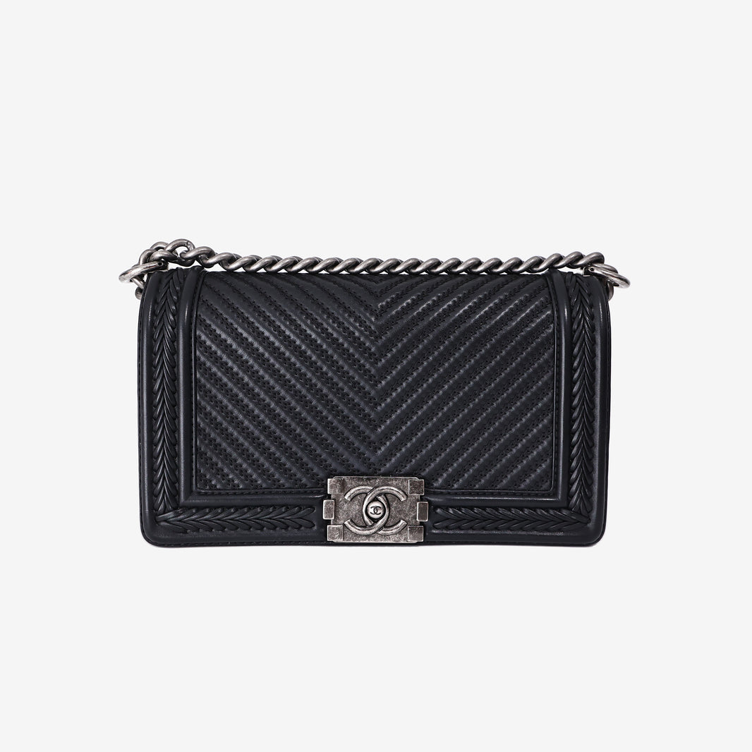 Chanel New Medium Boy Bag in Black Chevron Lambskin Leather with Silver Hardware