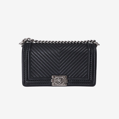 Chanel New Medium Boy Bag in Black Chevron Lambskin Leather with Silver Hardware