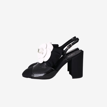 Chanel Camellia Bow Slingback Pumps in Black Crumpled Shiny Fabric (Size 38.5)