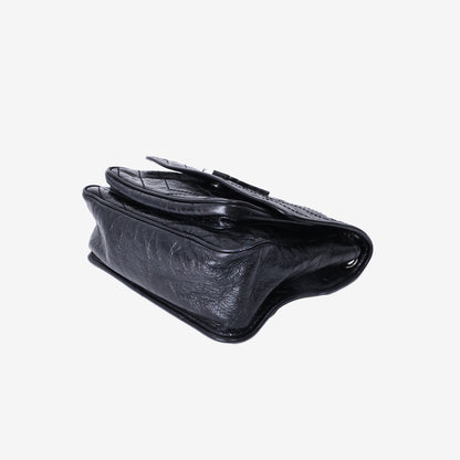 Saint Laurent Medium Niki Shoulder Bag in Black Crinkled Calfskin Leather with Silver Hardware