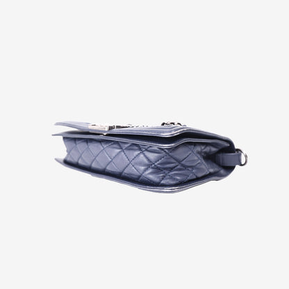 Chanel Medium Boy Bag in Dark Blue Patchwork Denim and Lambskin Leather with Silver Hardware