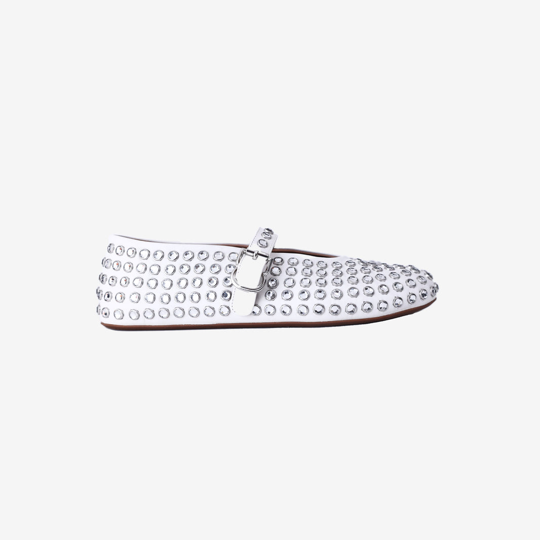 Alaïa Crystal-Embellished Buckle-Strap Ballet Flats in White Calf Leather (Size 39)