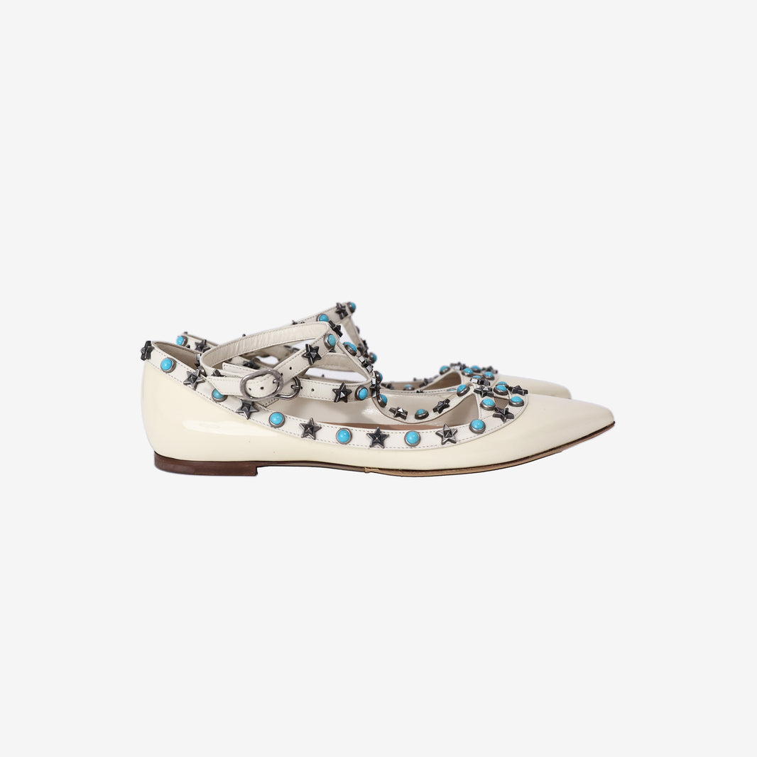 Valentino Garavani Rockstud Spike Flats in White Patent Leather (Contact to Enquire)