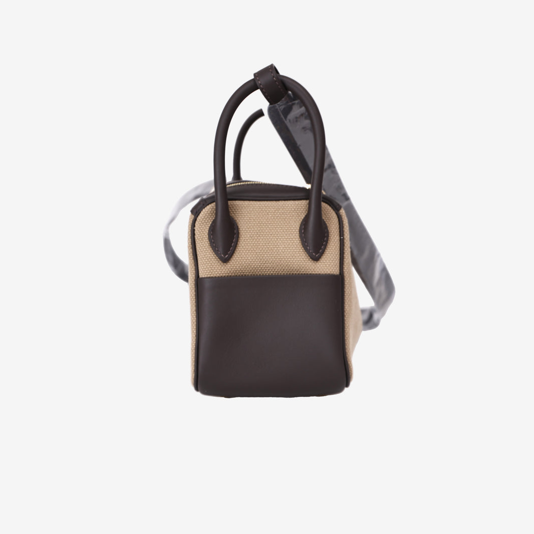 Hermès Mini Lindy Cargo in Ecru Toile Canvas and Ébène Swift Leather with Gold Hardware side view