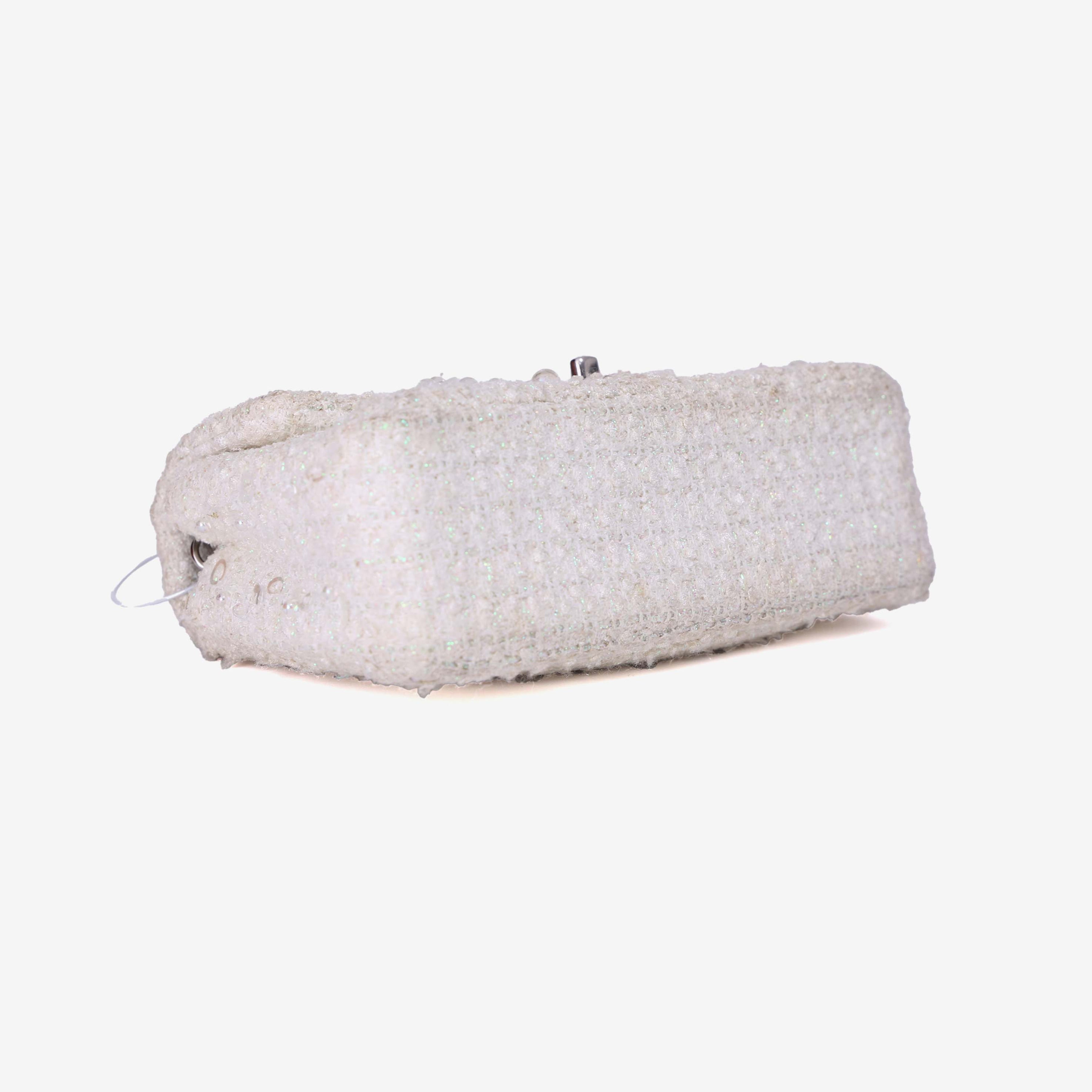 Chanel Tweed Beaded Mini Rectangular Flap in White Tweed with Silver Hardware bottom side view