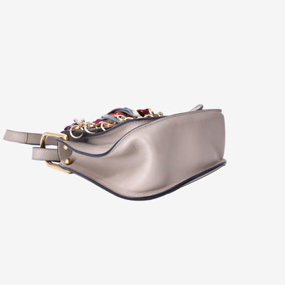 Chloé Hudson Colourful Tassel Saddle Bag in Grey Calfskin Leather with Gold Hardware