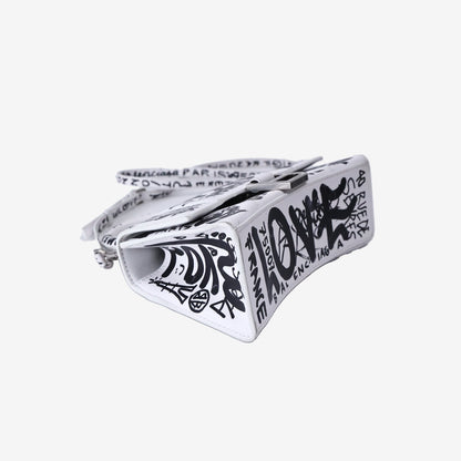 Balenciaga Hourglass XS Top Handle Bag in White Graffiti Print Leather with Silver Hardware