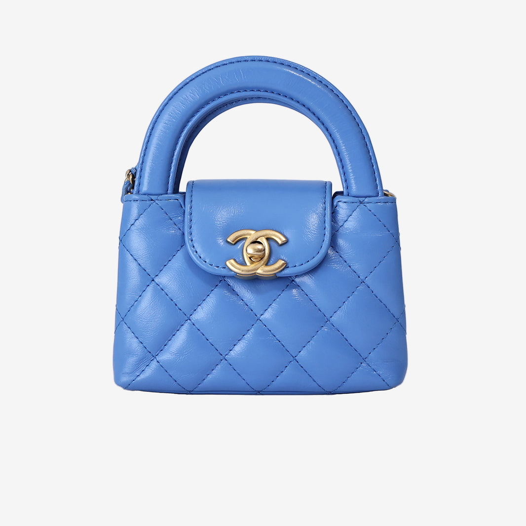 Chanel Mini Nano Kelly Shopper Bag in Blue Lambskin Leather with Gold Hardware