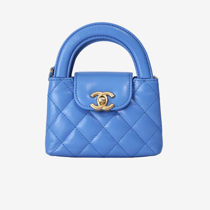 Chanel Mini Nano Kelly Shopper Bag in Blue Lambskin Leather with Gold Hardware
