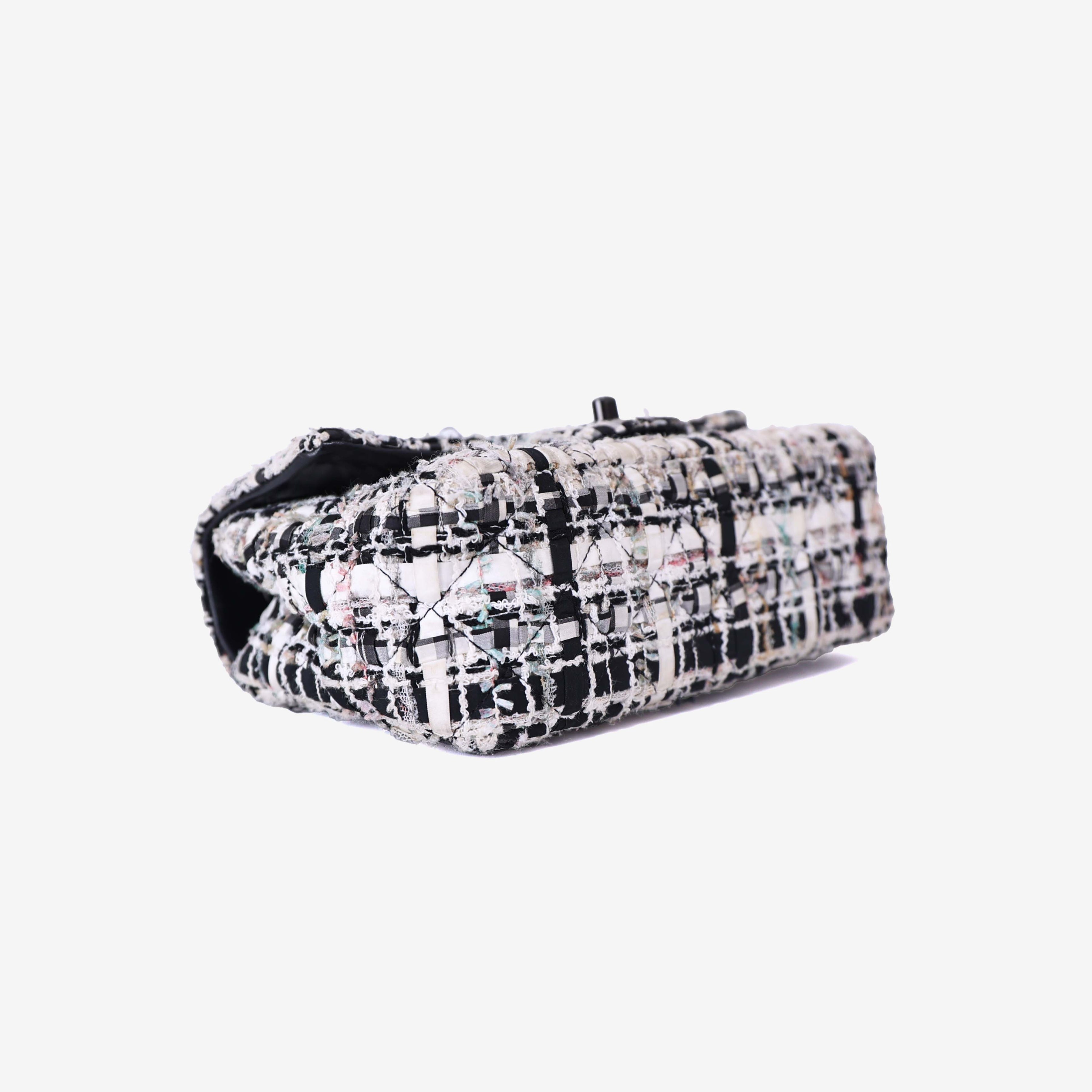 Chanel Classic Flap Bag in Black/White Tweed Leather with So Black Hardware bottom side view