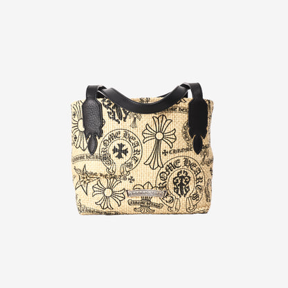 Chrome Hearts Monogram-Print Beach Bag in Beige Woven Straw with Black Leather Handles