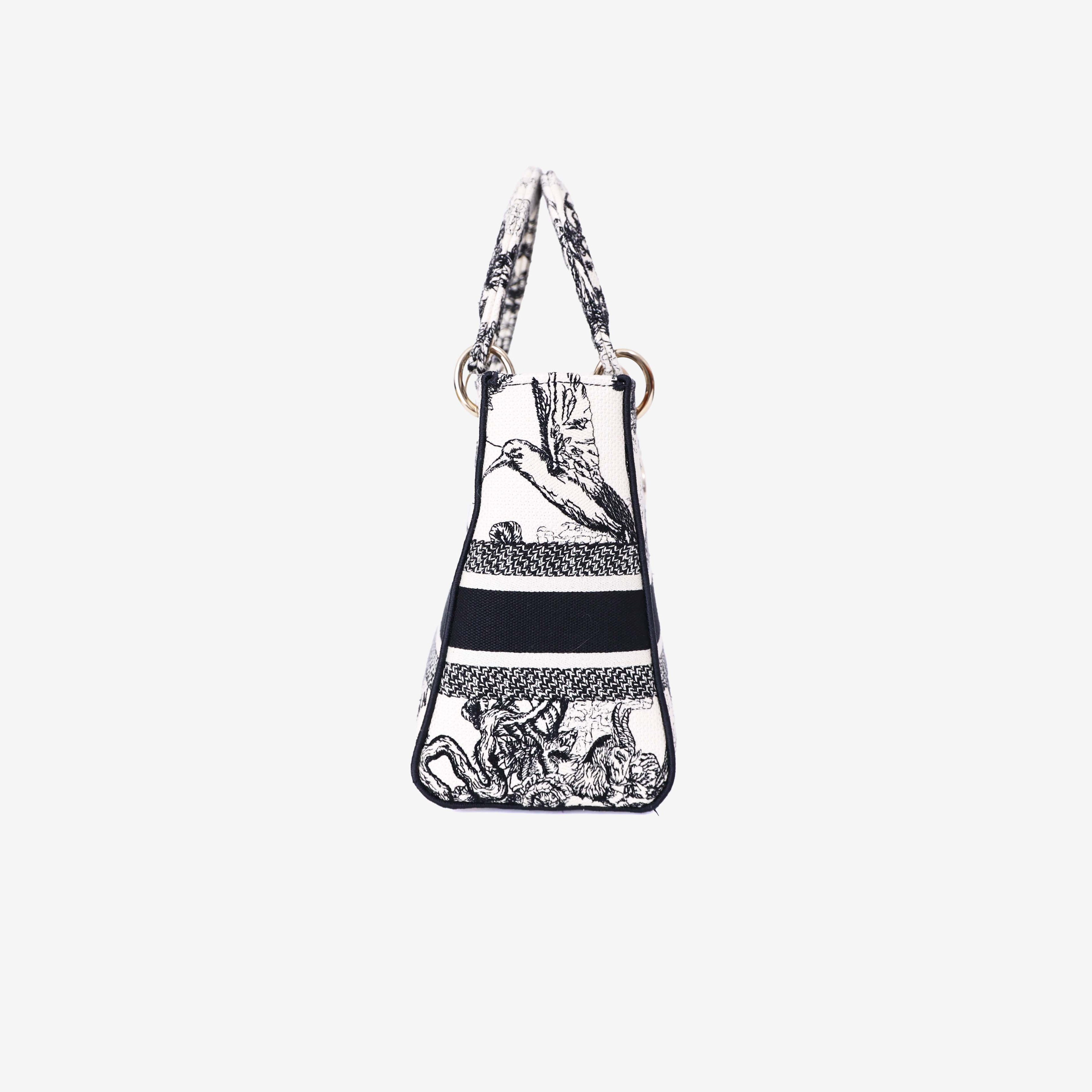 Dior Medium Lady D-Lite Zodiac Embroidered Bag in White/Black Canvas with Gold Hardware side view