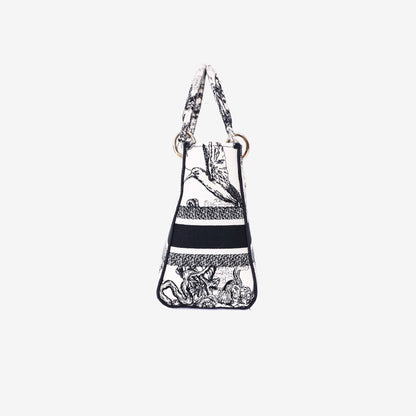 Dior Medium Lady D-Lite Zodiac Embroidered Bag in White/Black Canvas with Gold Hardware side view