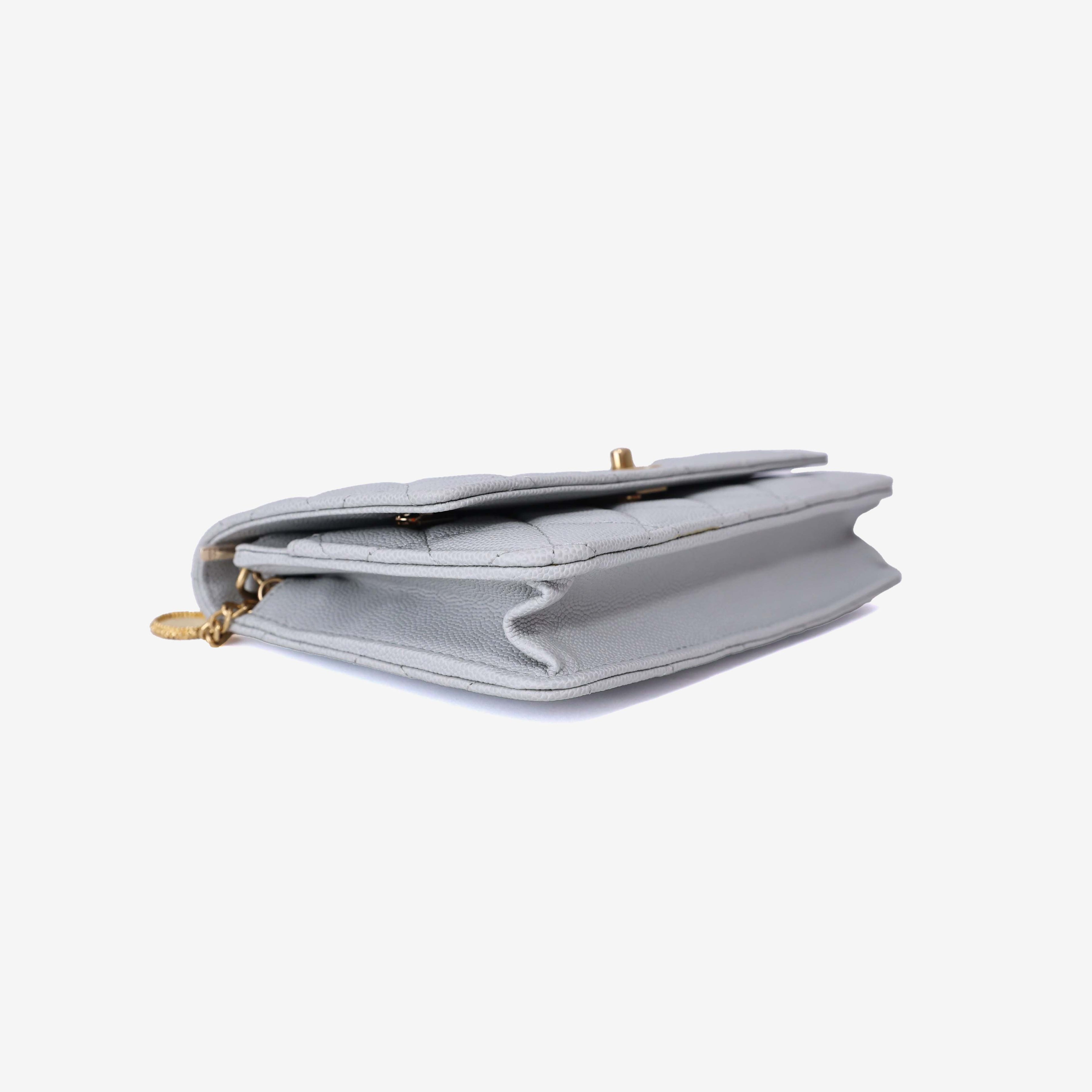 Chanel Wallet on Chain in Grey Caviar Leather with Gold Hardware bottom side view