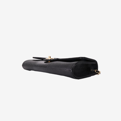 Chanel 26A Clutch with Top Handle in Black Lizard-Embossed Calfskin with Gold Hardware