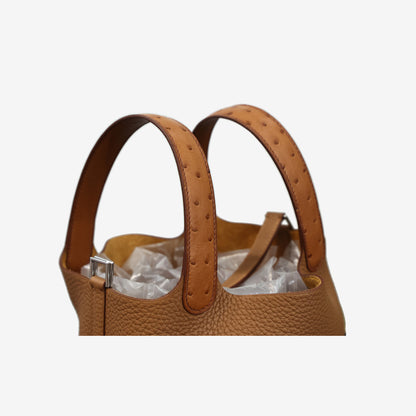 Hermès Picotin Lock 18 in Brown Taurillon Clemence Leather with Ostrich Handles and Gold Hardware