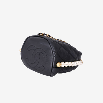 *RARE* Chanel Mini About Pearls Drawstring Bucket Bag in Black Quilted Calfskin Leather with Gold Hardware