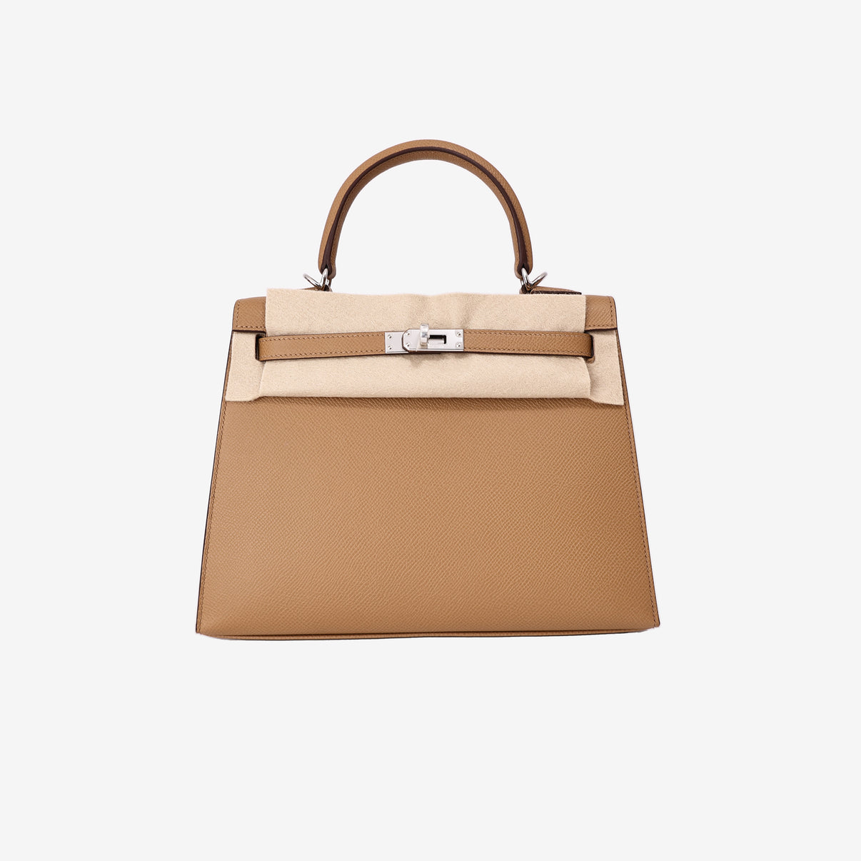 Hermès Kelly 25 in Biscuit Epsom Leather with Palladium Hardware front view
